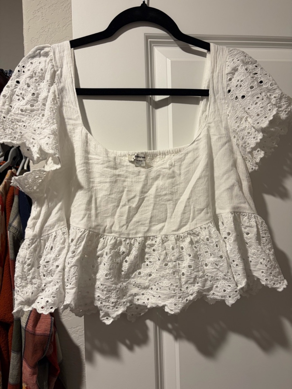 American Eagle Outfitters White Eyelet Peplum Scoop Neck Top